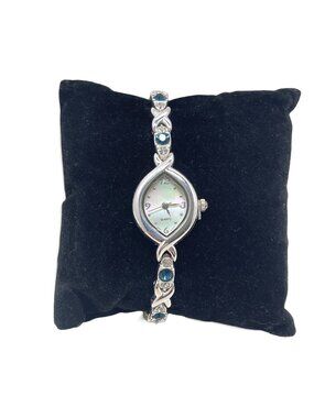 Avon Quartz Gem Studded Bracelet Watch Blue/Silver Mother-Of-Pearl Dial 7"L